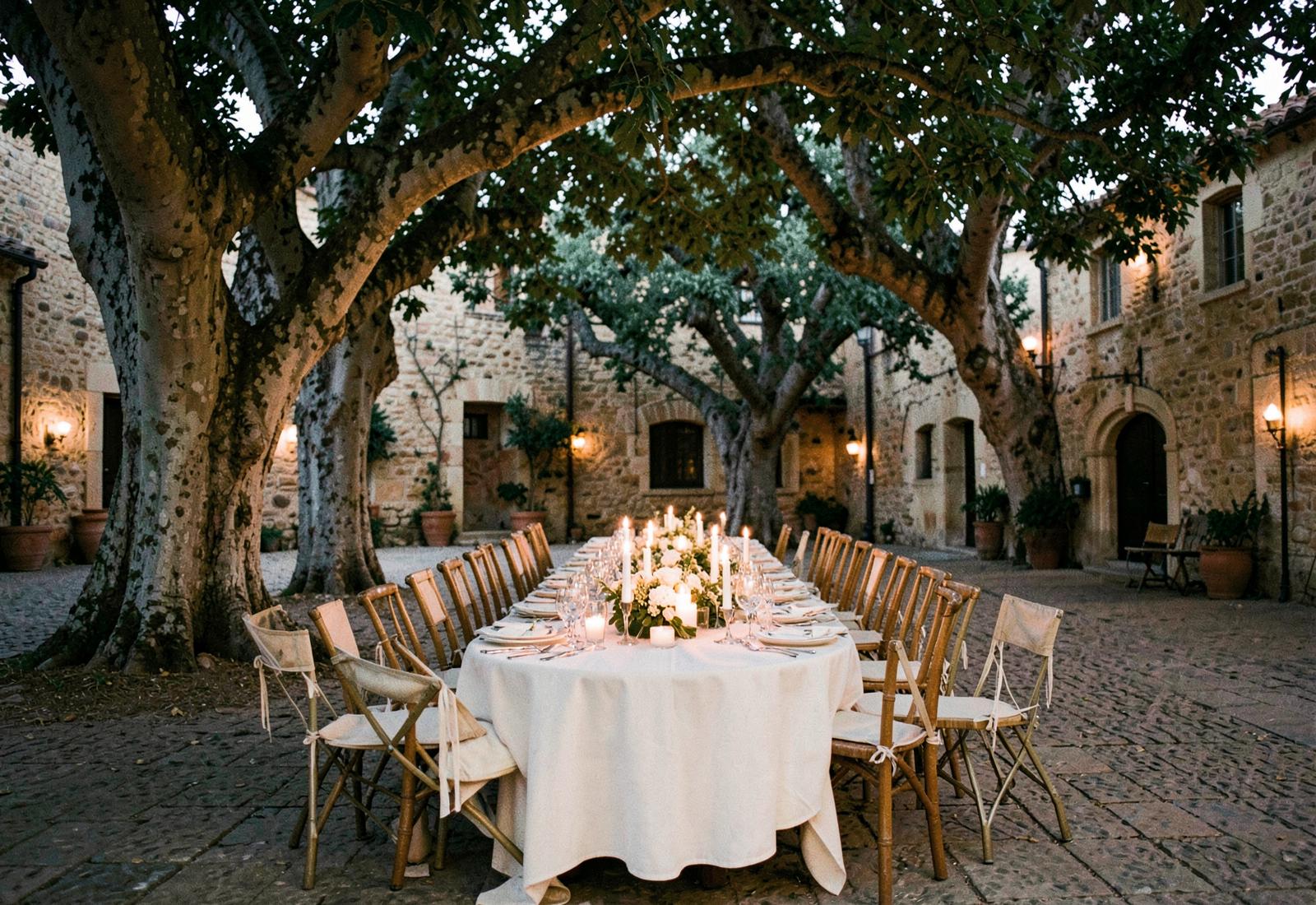 Grande table de repas dressée sous les arbres dans une cour en pierre